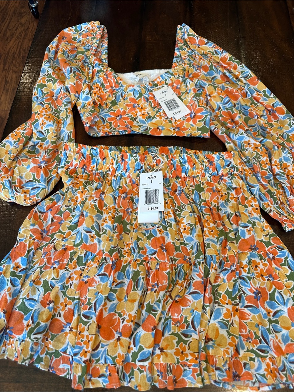 l*space Orange Blue Yellow Floral Smocked Crop Top & Tiered Skirt Set